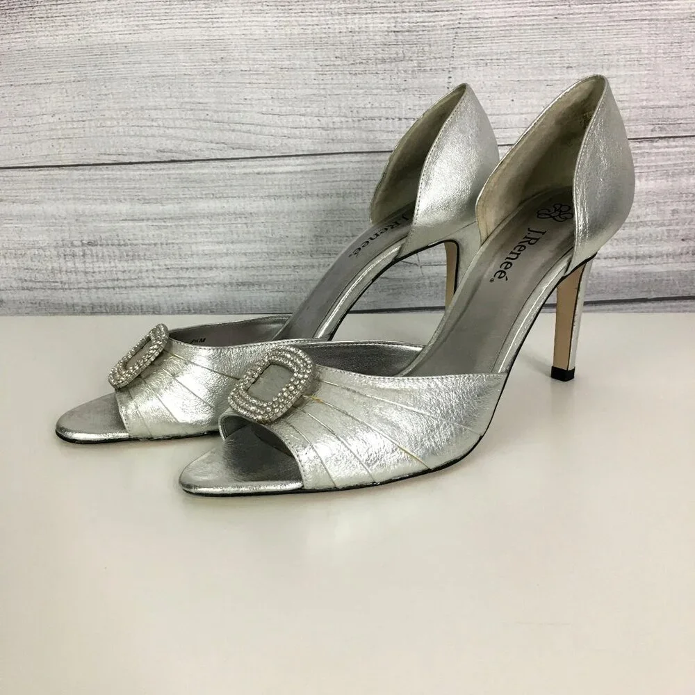 J. Renee Heels Y2K Metallic Peep Toe Heels‎ 9.5 Silver HOCO Cocktail Formal 3.5